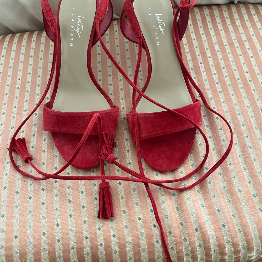 Lord and Taylor Red Suede Tassel Wrap Heels